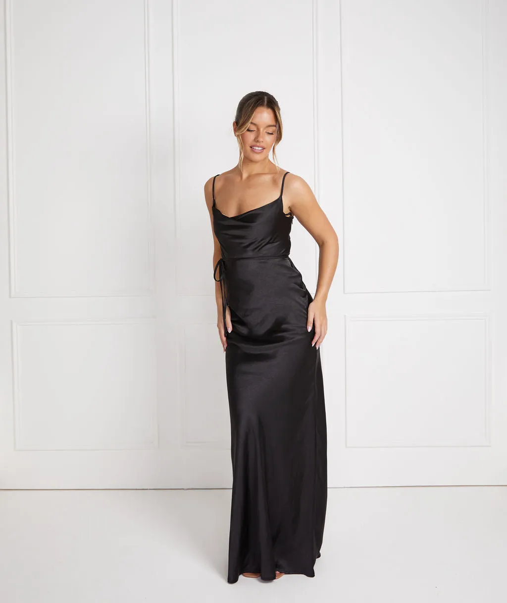 Cami Cowl Front Satin Bridesmaid Dress - Black