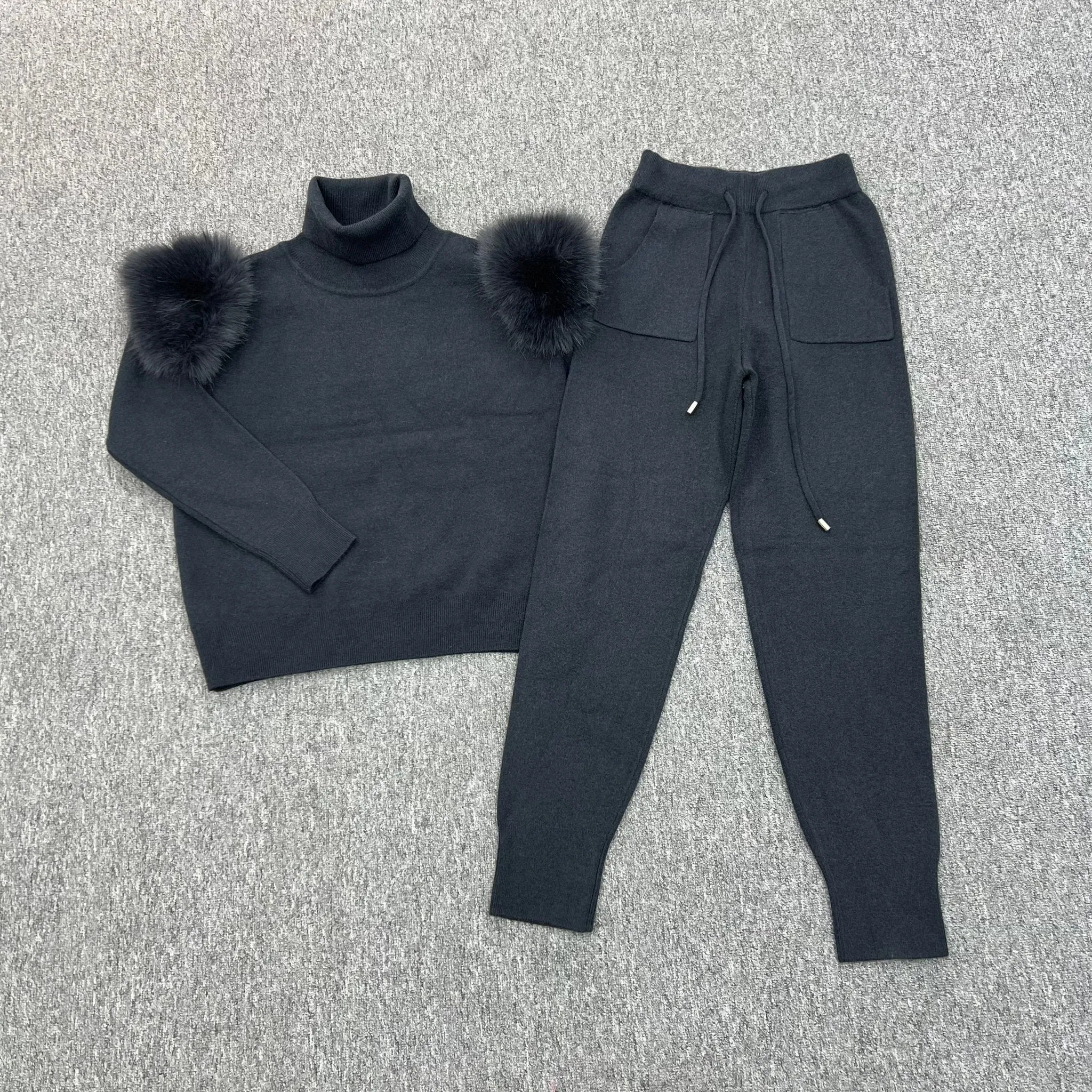 Charcoal Faux Fur Shoulder Roll Neck Jogger Tracksuit