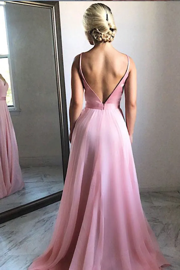 Charming Simple Pink V Neck Chiffon Long Prom Dress, Evening Dresses, M327