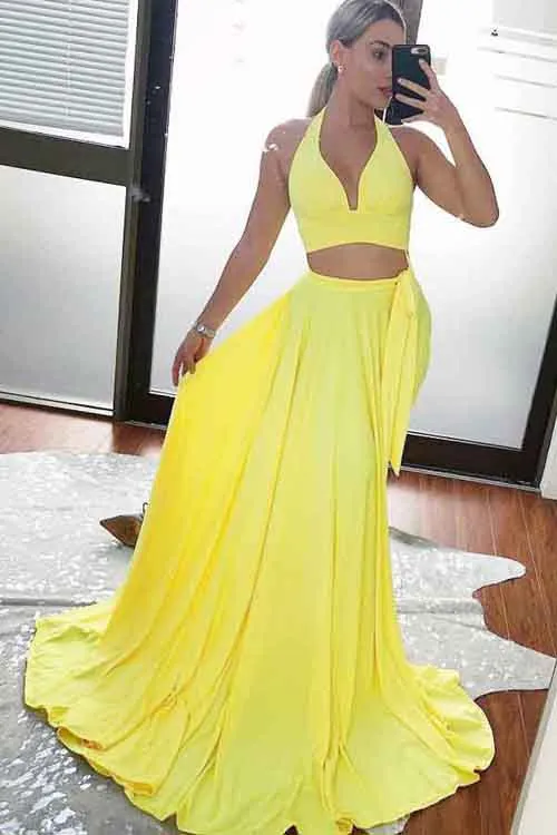 Charming Yellow Satin Two Piece V-Neck Long Prom Party Dresses with Split, M281