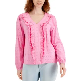 Charter Club Cotton Ruffled Eyelet Knit Top Medium Pink