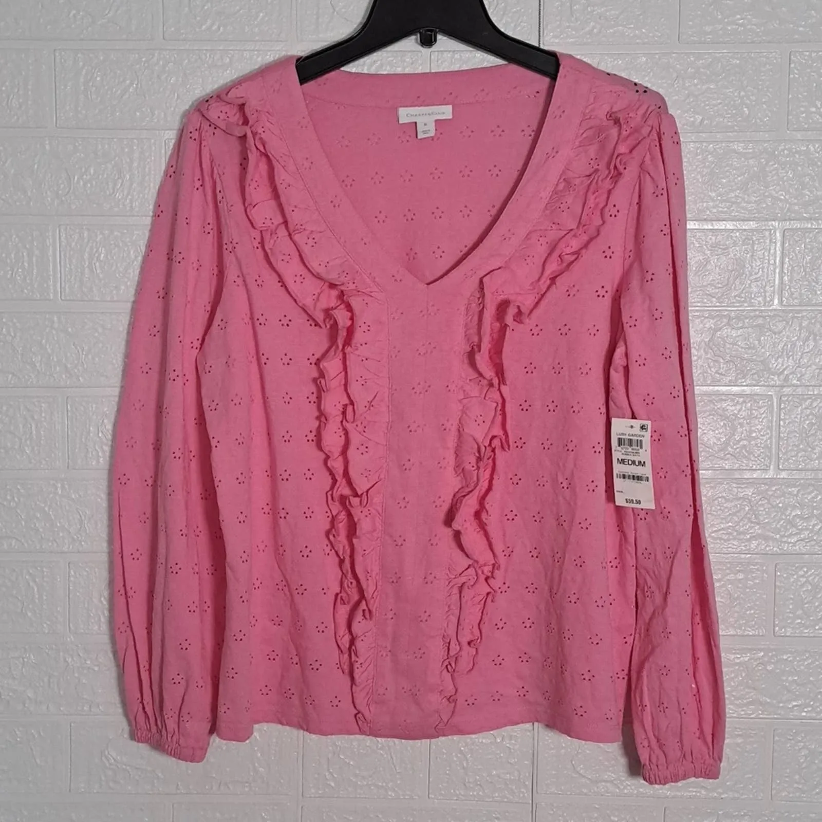 Charter Club Cotton Ruffled Eyelet Knit Top Medium Pink