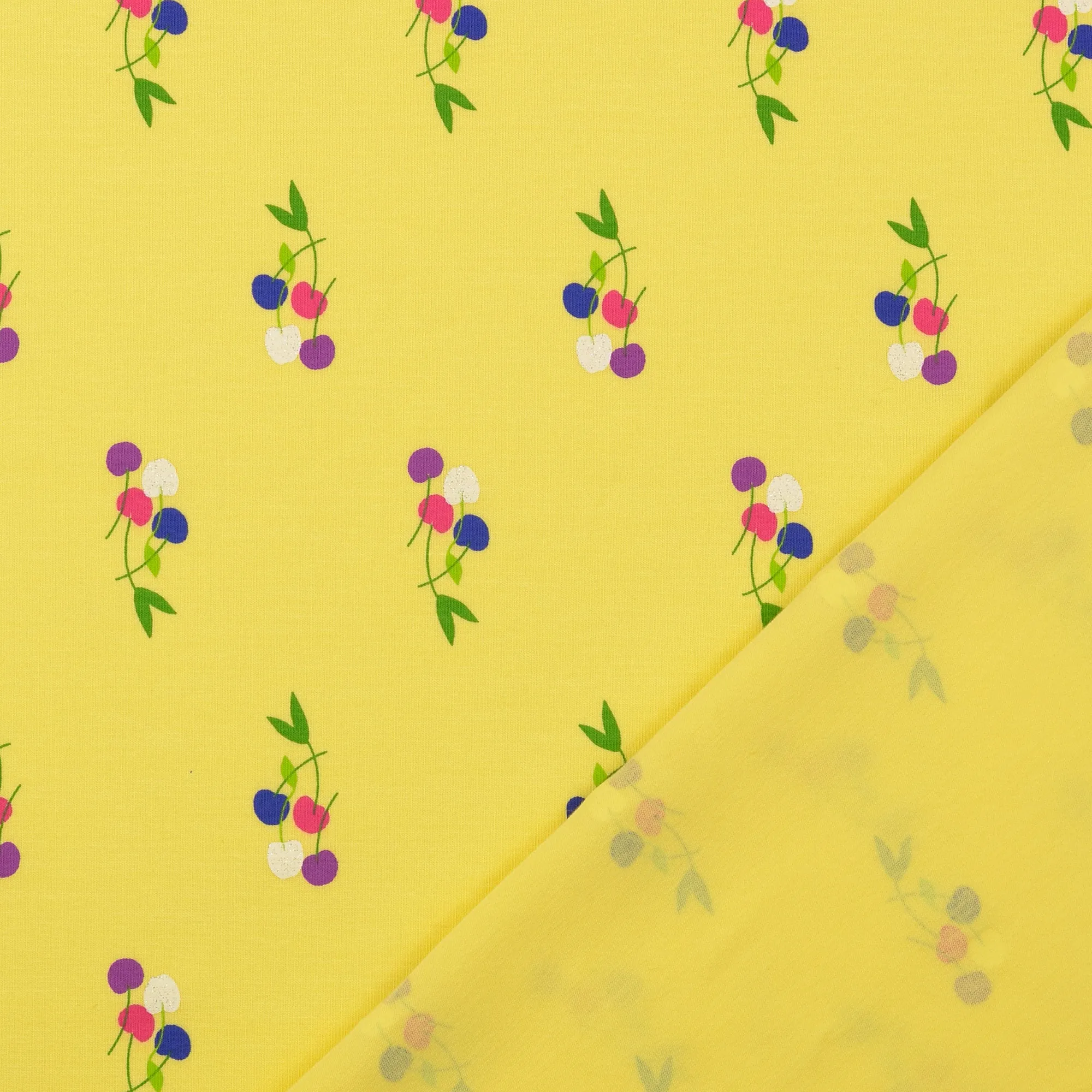 Cherries in Yellow Cotton Jersey Fabric