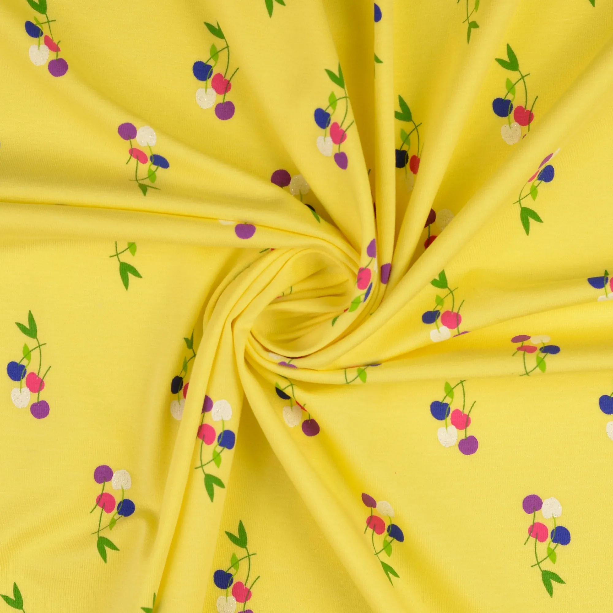 Cherries in Yellow Cotton Jersey Fabric