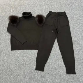 Chocolate Faux Fur Shoulder Roll Neck Jogger Tracksuit