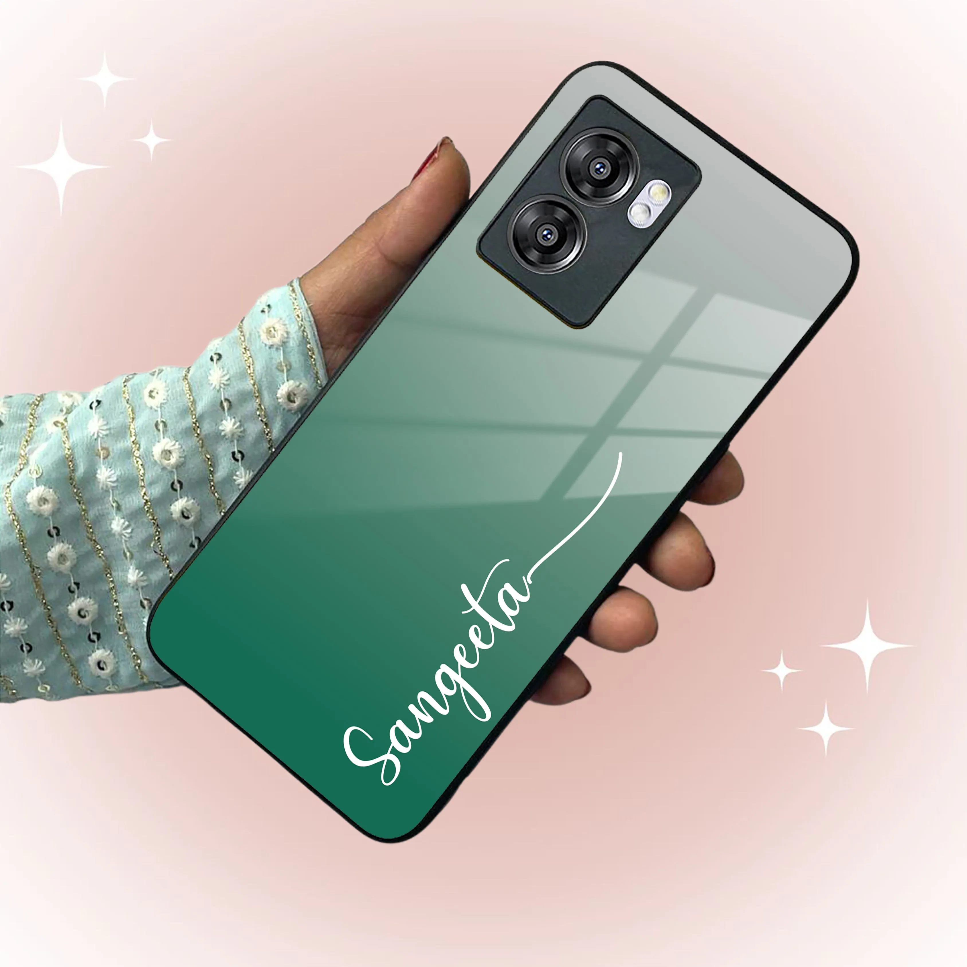 Customize Name Gradient Glass Case Cover Green For Oppo