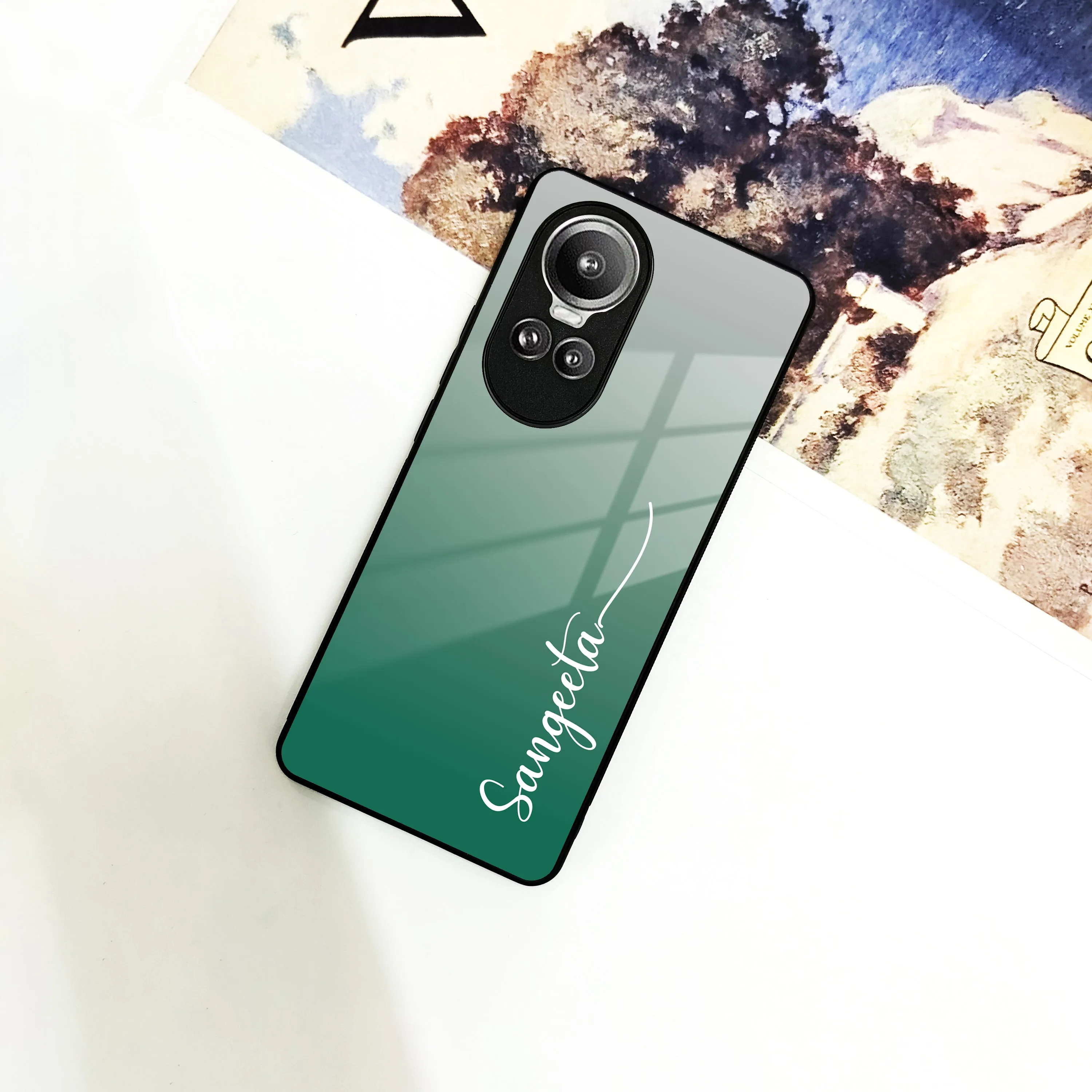 Customize Name Gradient Glass Case Cover Green For Oppo