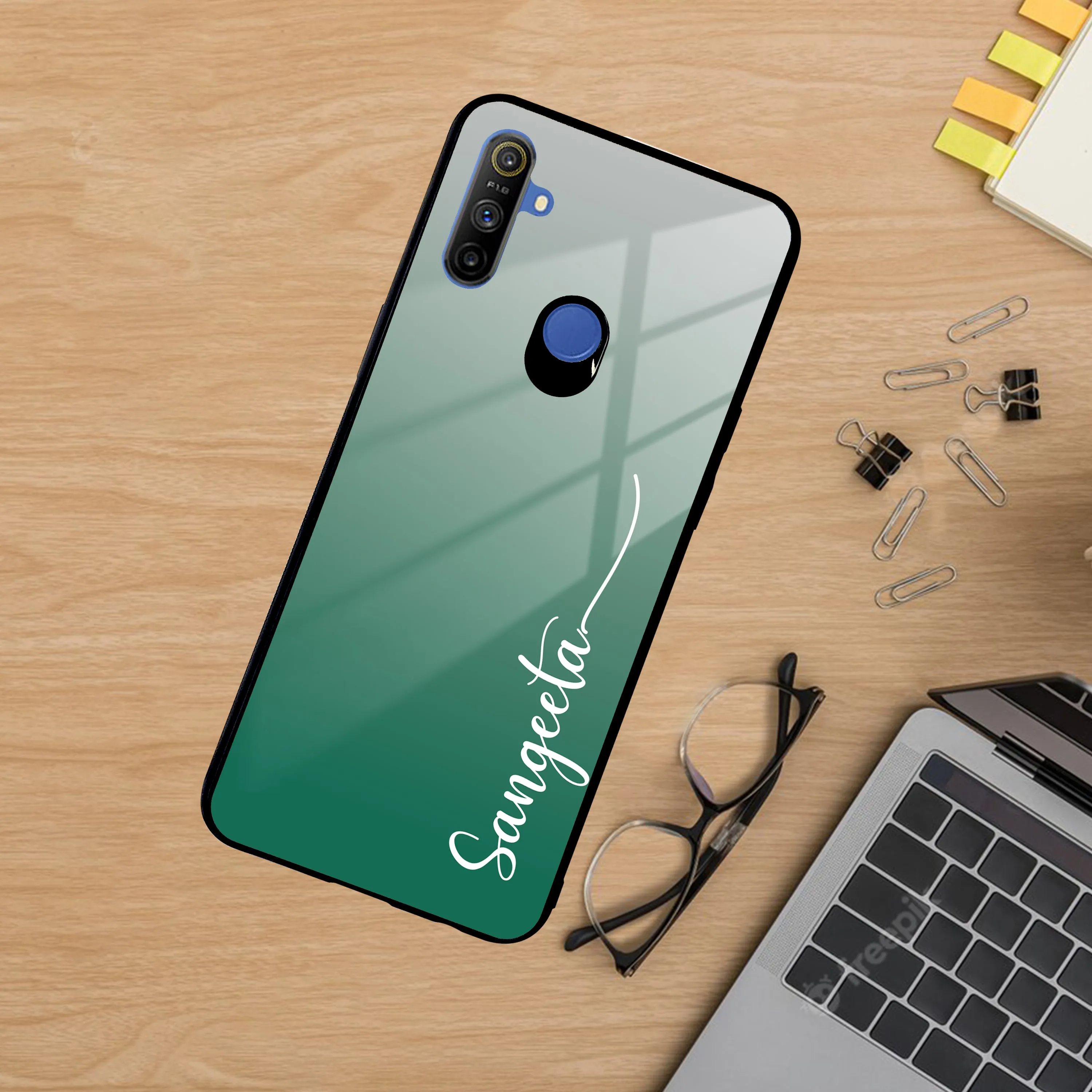 Customize Name Gradient Glass Case Cover Green For Realme/Narzo