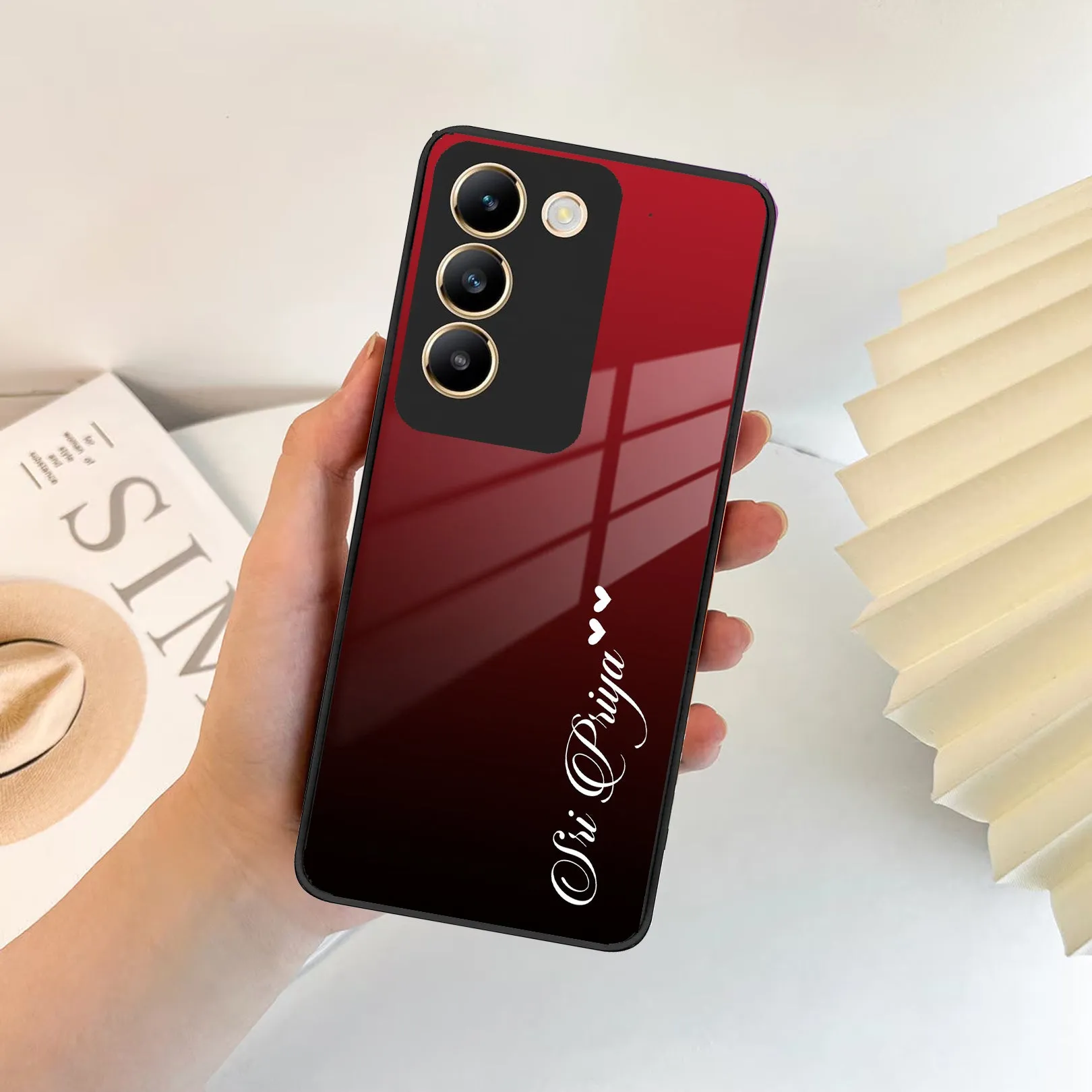 Customize Name Gradient Glass Case Cover Red Wine For Vivo