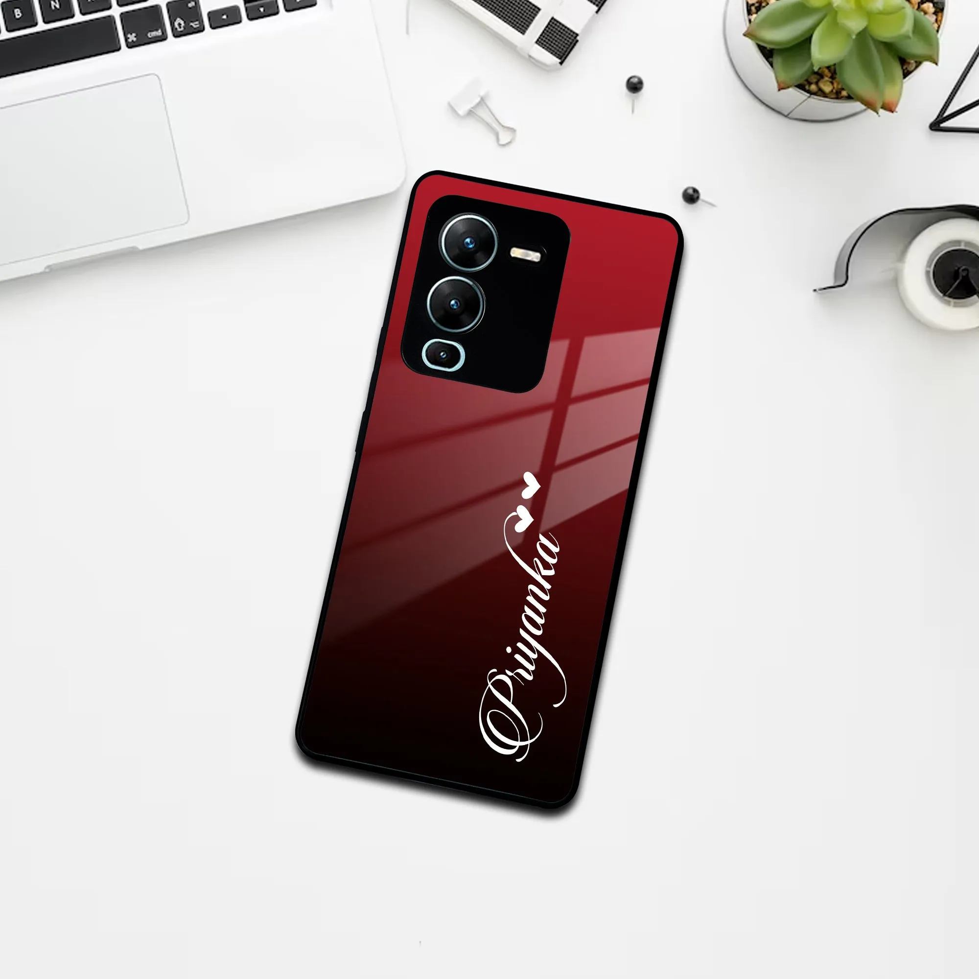 Customize Name Gradient Glass Case Cover Red Wine For Vivo