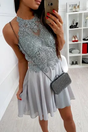 Cute Grey Chiffon Beaded Lace Spaghetti Straps Criss-cross Homecoming Dresses SH340