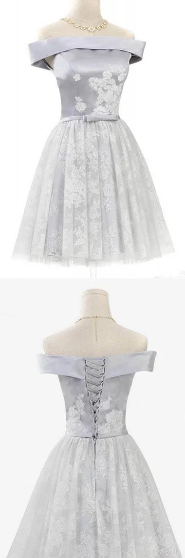 Cute Off Shoulder Short Prom Dress with Lace, Homecoming Dress with Belt, SH379