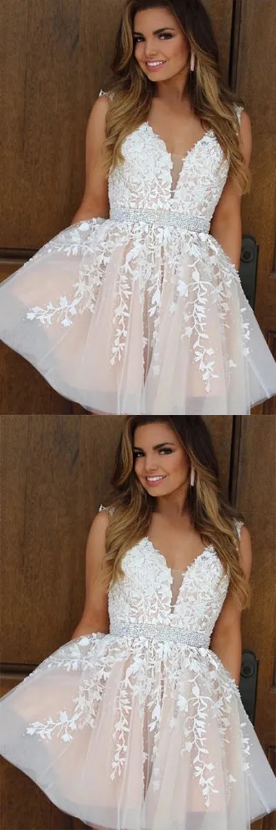 Cute Tulle A-line V-neck Beaded Cheap Homecoming Dresses With Appliques, SH453