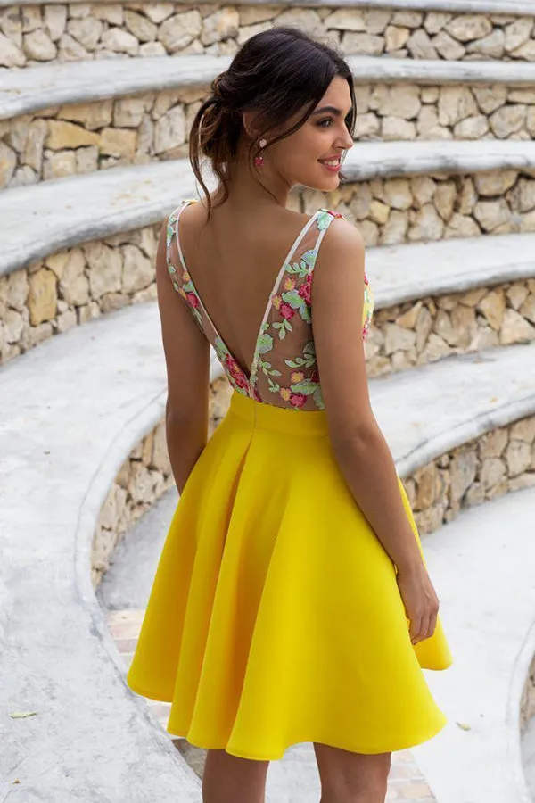 Cute Yellow Floral Satin A-line V-neck Homecoming Dresses Short Prom Dress, SH495