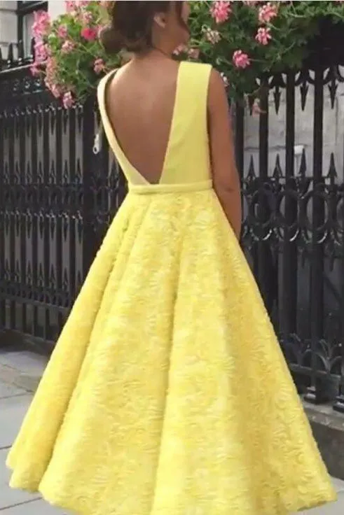 Cute Yellow Tea Length Deep V-neck Homecoming Dress, Lace Short Prom Dress, SH307