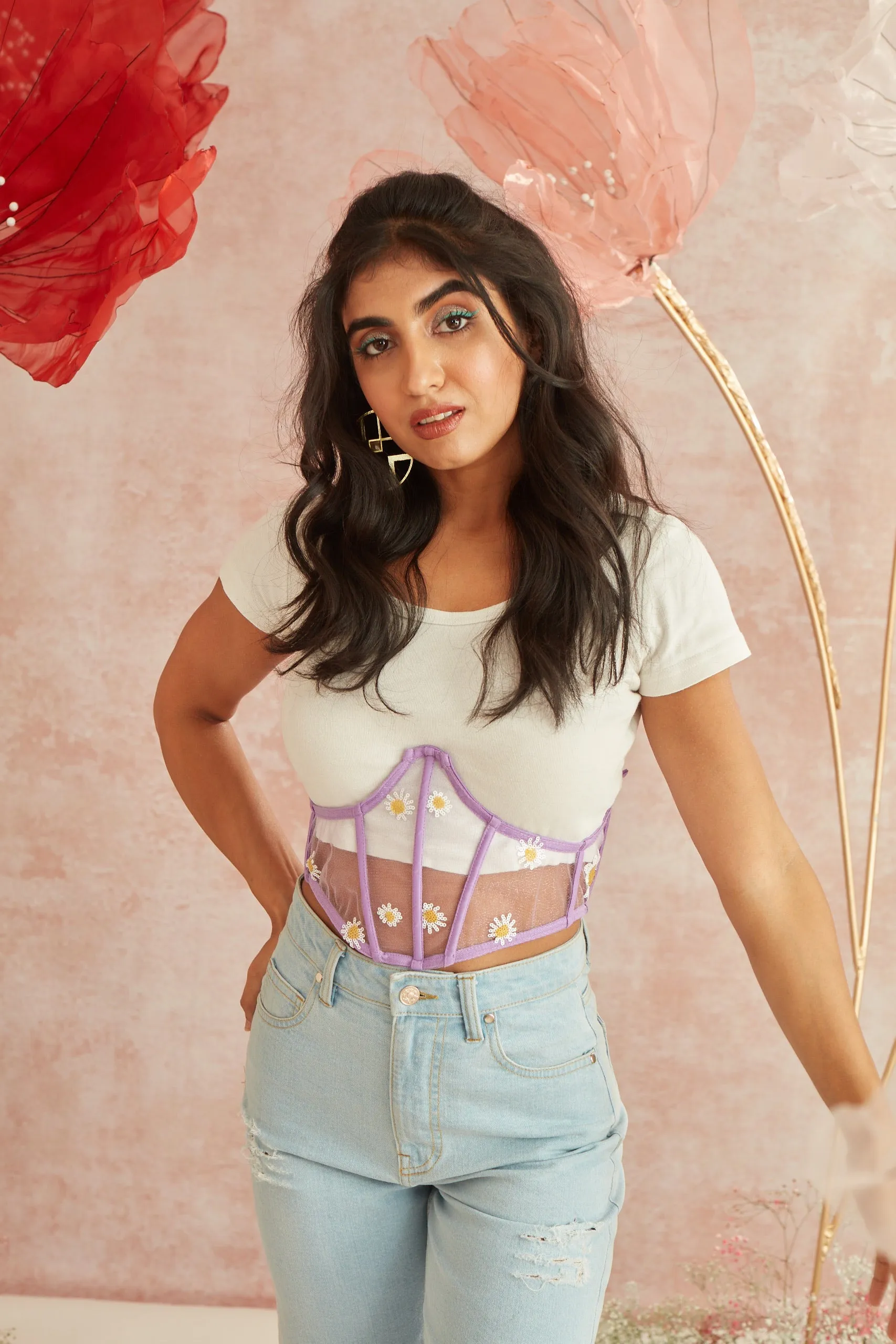 Daisy Lavender Embroidered Underbust Corset Belt