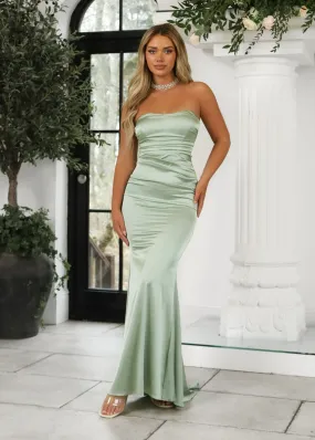 Delilah Ruched Corset Satin Gown - Sage