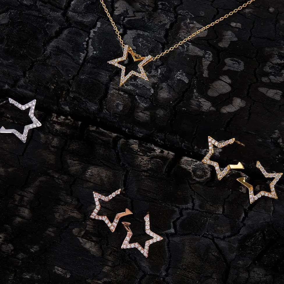 Diamond Open Star Earrings Gold