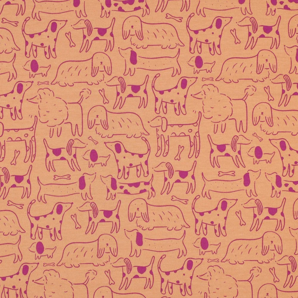 Dog Park on Peach Cotton Jersey Fabric