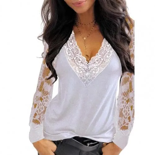 DressBetty - Female Tops Pullover Sexy Women Deep V Neck Lace Trim See Through Long Sleeve Blouse Top Blouse Solid Vintage Blouse Shirts