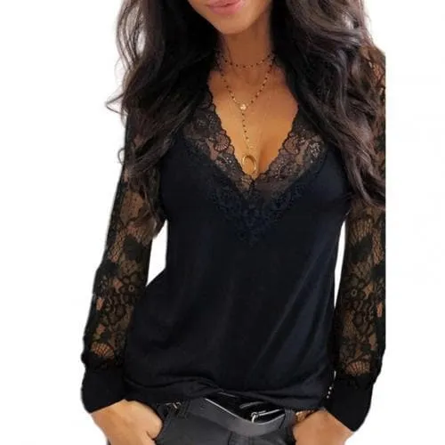 DressBetty - Female Tops Pullover Sexy Women Deep V Neck Lace Trim See Through Long Sleeve Blouse Top Blouse Solid Vintage Blouse Shirts