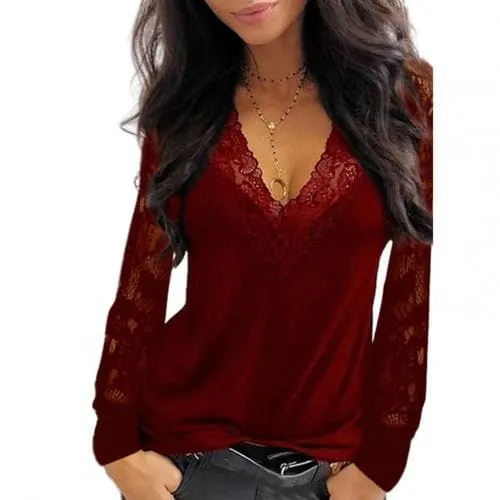 DressBetty - Female Tops Pullover Sexy Women Deep V Neck Lace Trim See Through Long Sleeve Blouse Top Blouse Solid Vintage Blouse Shirts