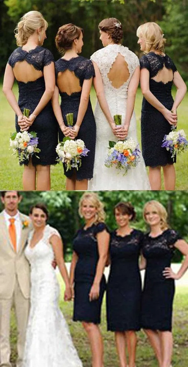 Elegant Navy Blue Lace Backless Knee-Length Short Mini Cap Sleeve Bridesmaid Dresses,SVD465