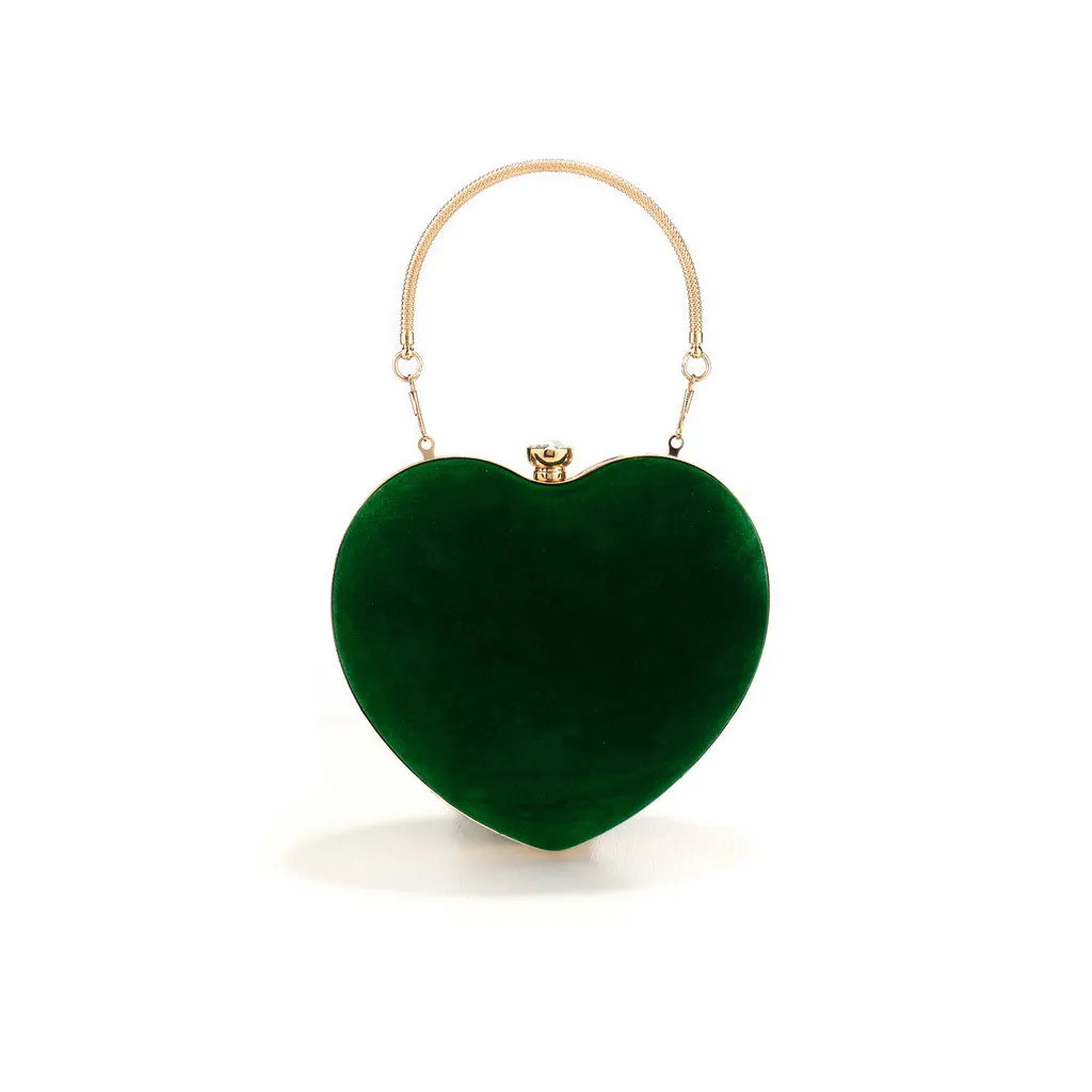 Elegant Rhinestone Metal Handle Heart Shape Velvet Evening Clutch Bag