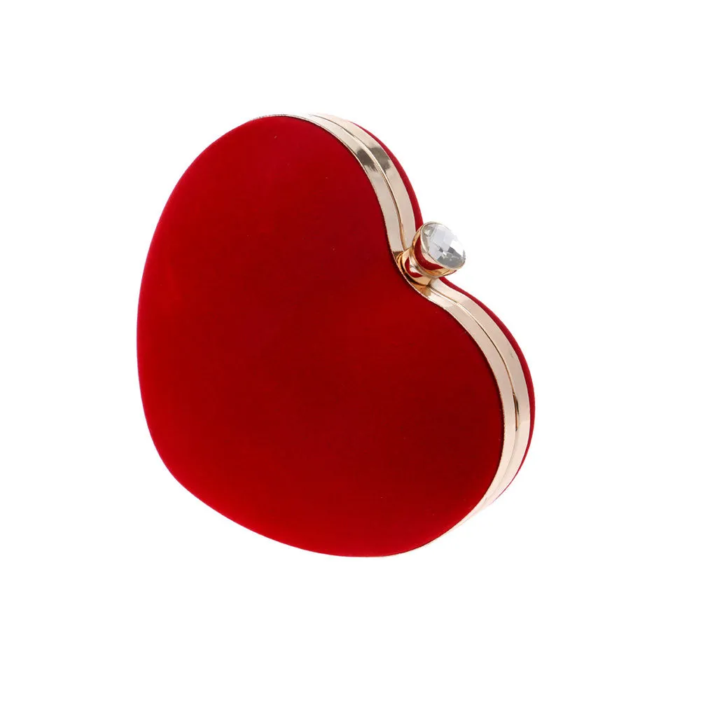 Elegant Rhinestone Metal Handle Heart Shape Velvet Evening Clutch Bag