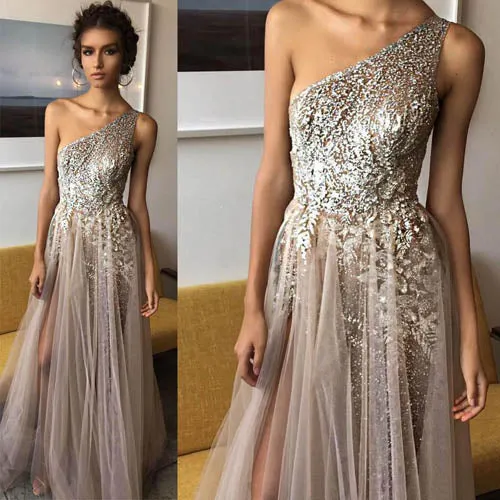 Elegant Tulle A Line One Shoulder Shinning Side Split Floor Length Long Prom Dress, M264