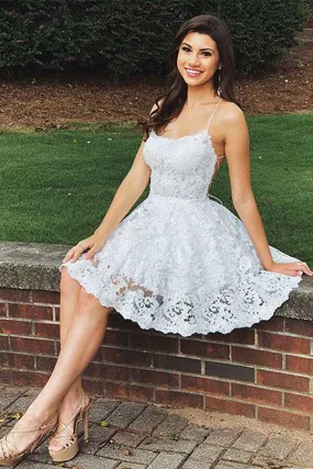 Elegant White Lace A-line Sweetheart Spaghetti Straps Backless Homecoming Dress, SH425