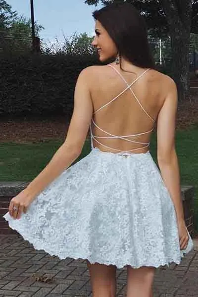 Elegant White Lace A-line Sweetheart Spaghetti Straps Backless Homecoming Dress, SH425