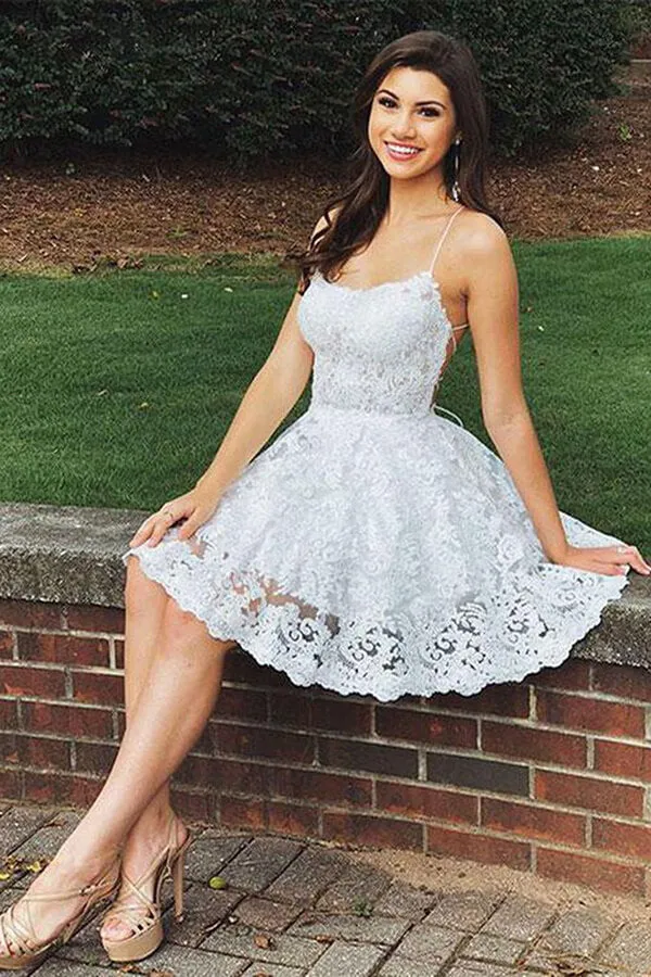 Elegant White Lace A-line Sweetheart Spaghetti Straps Backless Homecoming Dress, SH425