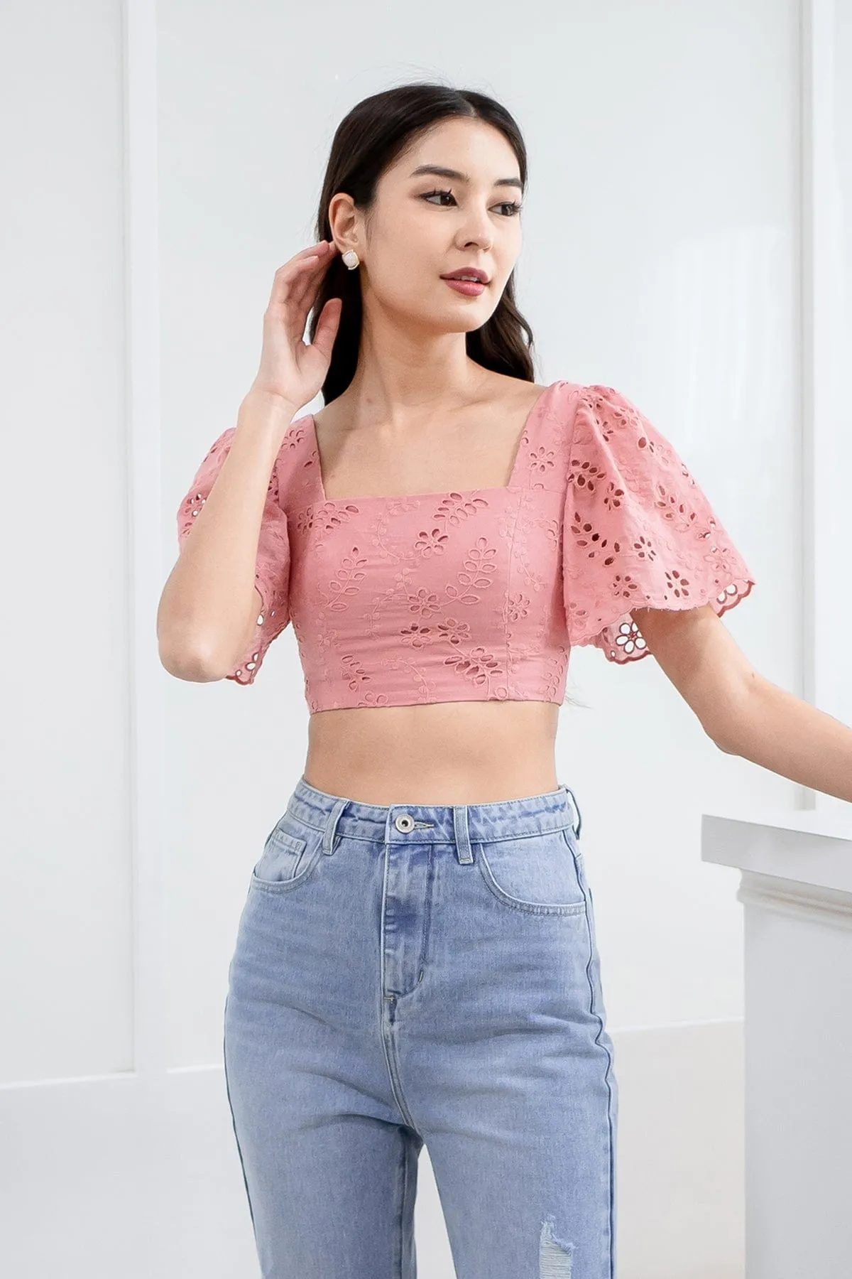 ELYSSA EYELET TOP IN ROSE PINK