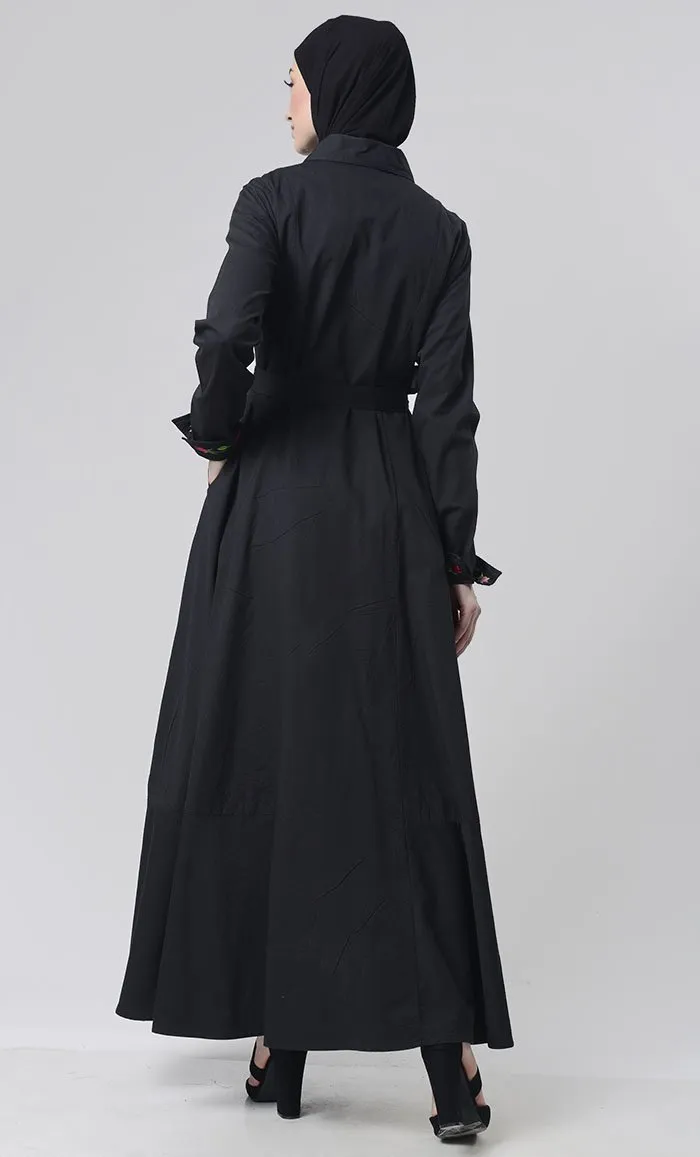 Embroidered Twill Abaya With Pockets - Final Sale