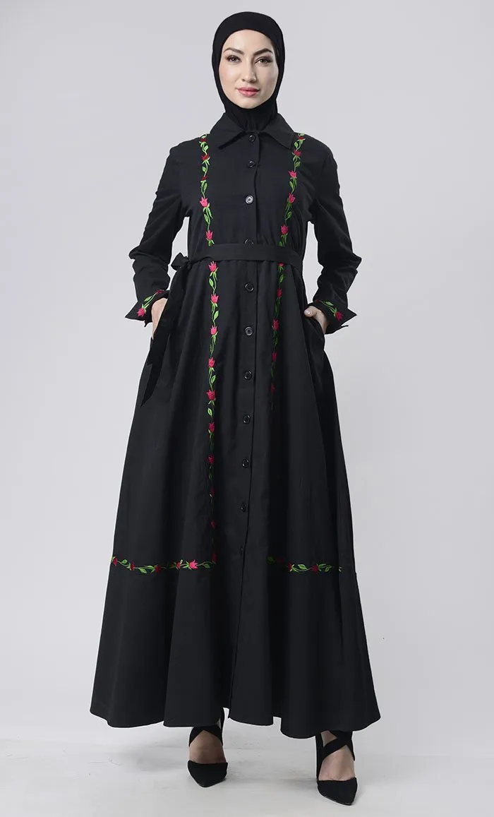 Embroidered Twill Abaya With Pockets - Final Sale