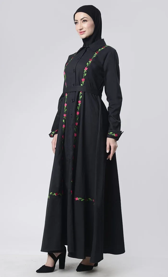 Embroidered Twill Abaya With Pockets - Final Sale