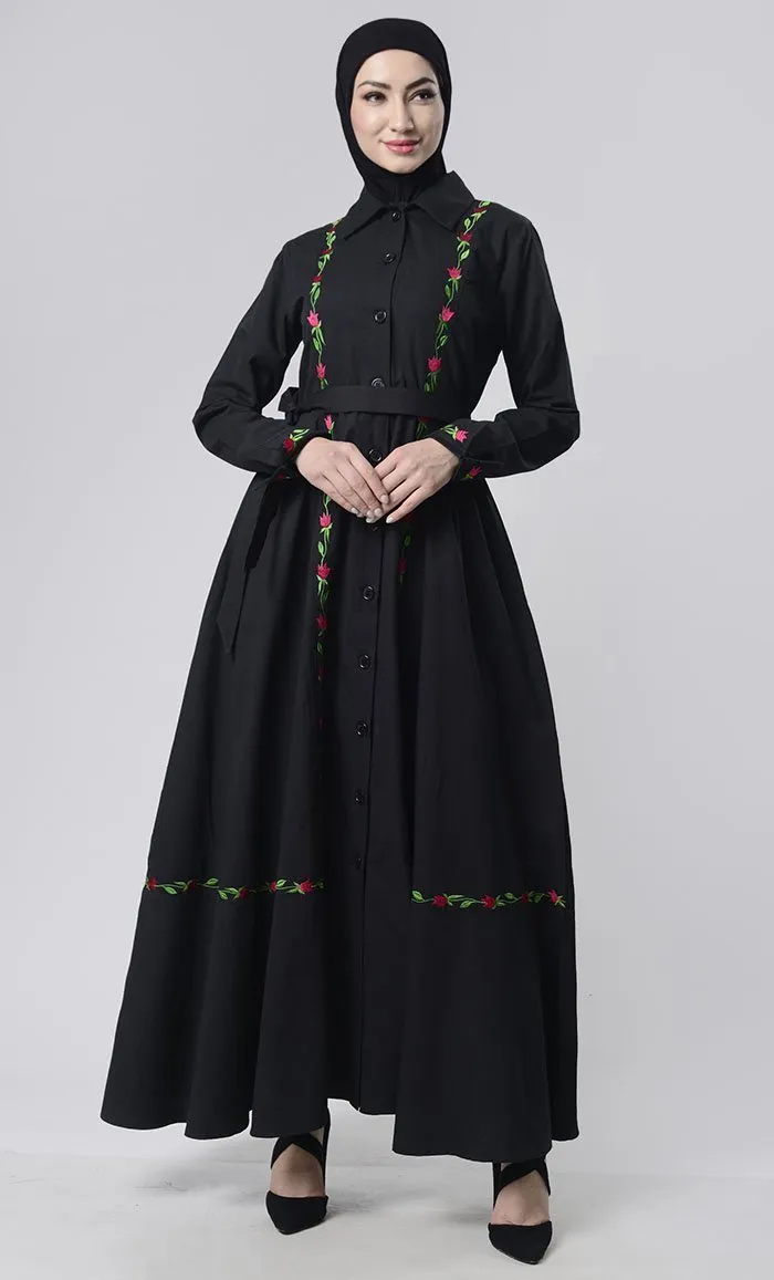 Embroidered Twill Abaya With Pockets - Final Sale