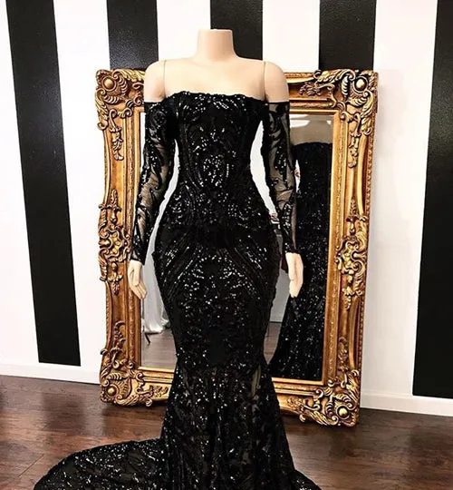 Fabulous Black Mermaid Sequins Long Sleeve Prom Dresses Evening Gowns, SP452