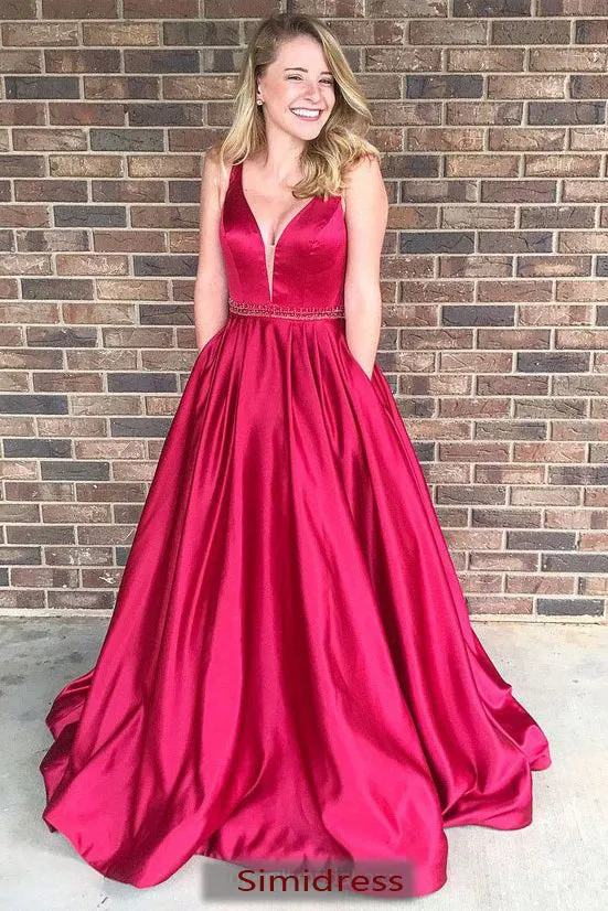 Fabulous Cheap Red A line Satin V Neck Long Prom Dress M197