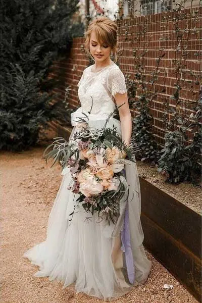 Fabulous Lace Tulle Silver Country Short Sleeve Wedding Dresses with Sash, SW293