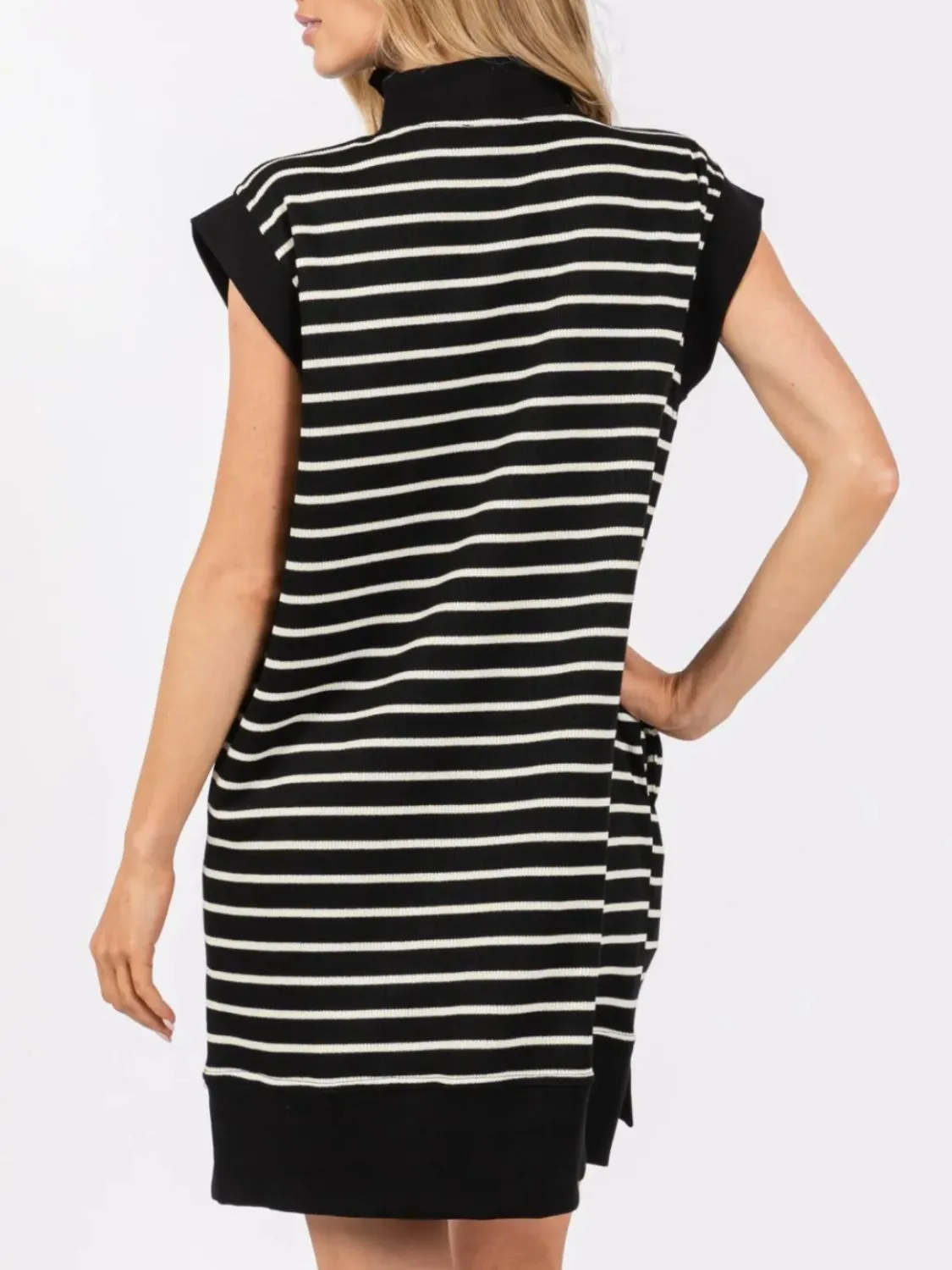 Full Size Pocketed Striped Quarter Zip Cap Sleeve Dress