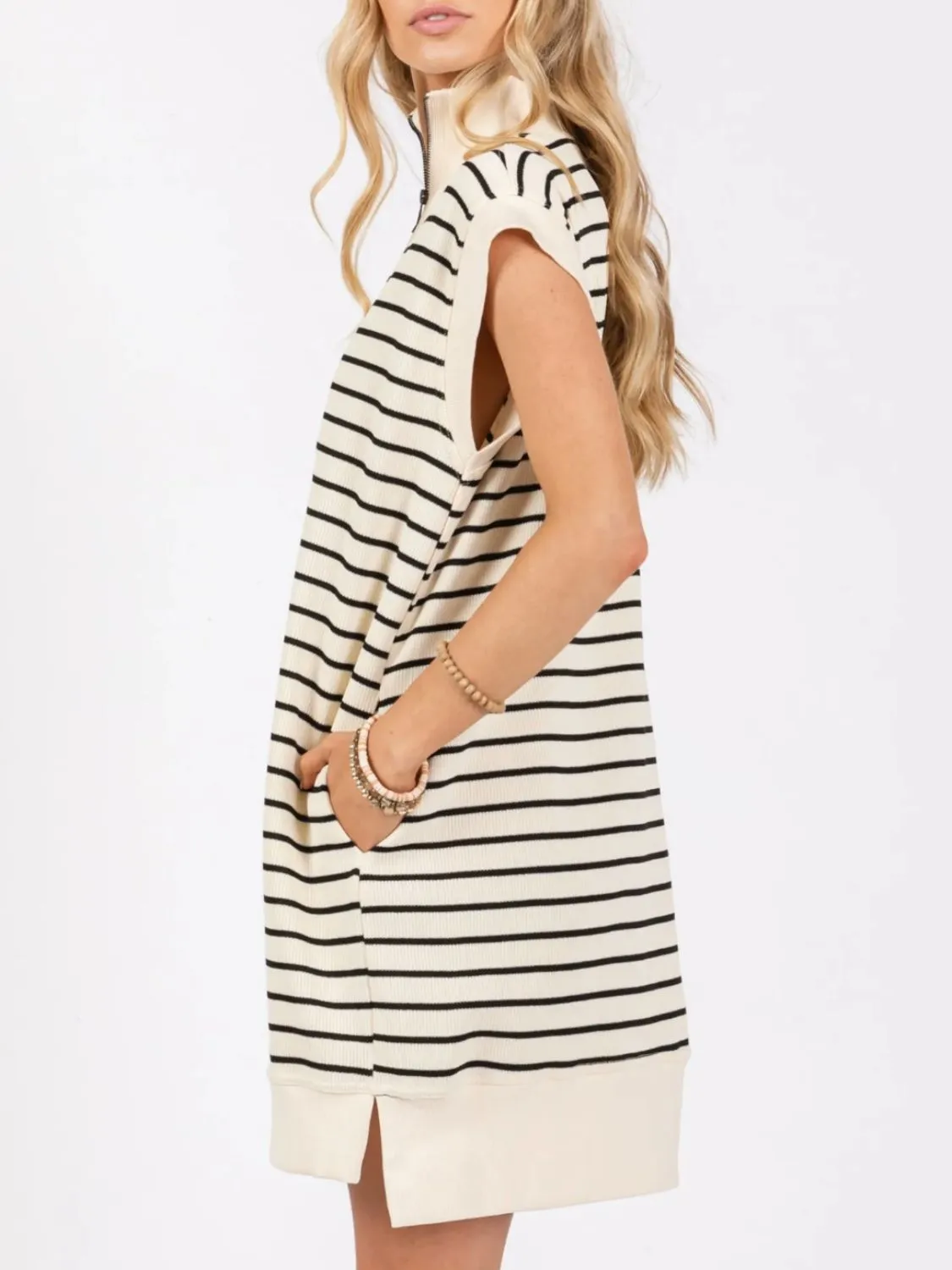 Full Size Pocketed Striped Quarter Zip Cap Sleeve Dress