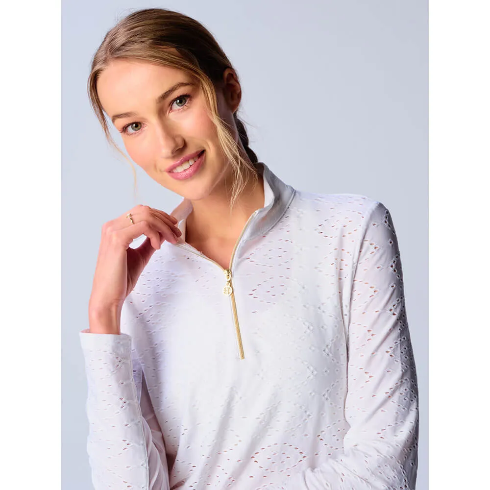 G Lifestyle Long Sleeve Print Zip Mock Neck Top - White Eyelet