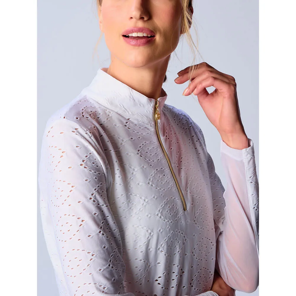 G Lifestyle Long Sleeve Print Zip Mock Neck Top - White Eyelet