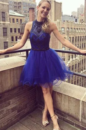 Glamorous Royal Blue A-line Beaded High-neck Homecoming Dresses, SH456