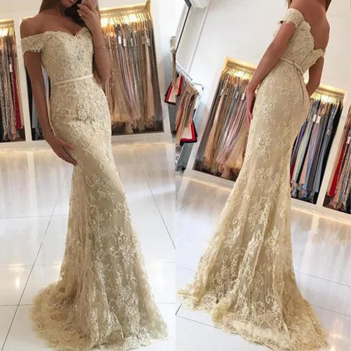 Gold Lace Mermaid Off Shoulder Long Prom Dresses, Party Prom Dress, Formal Dress, M295