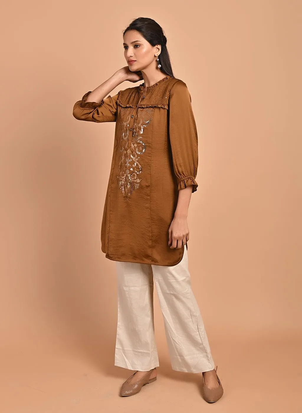 Gold Satin Kurti with Sequin Work and Puff Sleeves