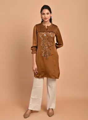 Gold Satin Kurti with Sequin Work and Puff Sleeves