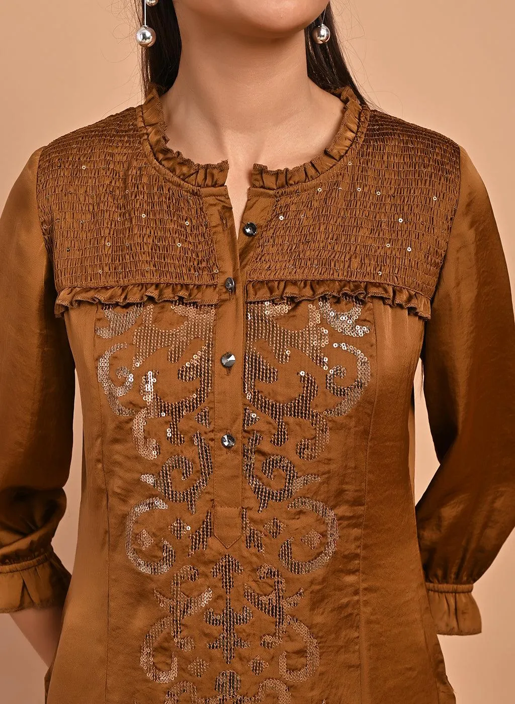 Gold Satin Kurti with Sequin Work and Puff Sleeves